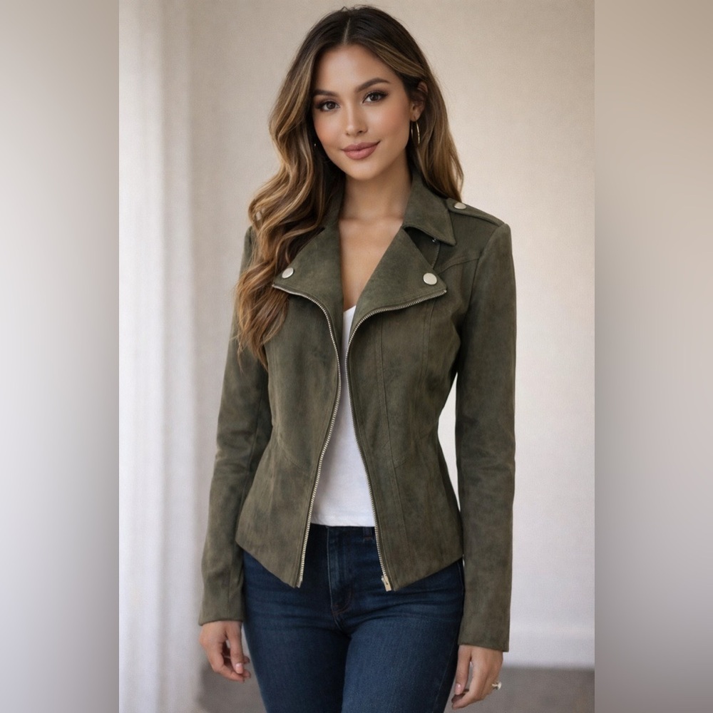 Frank Lyman Olive Green Faux Suede Moto Jacket